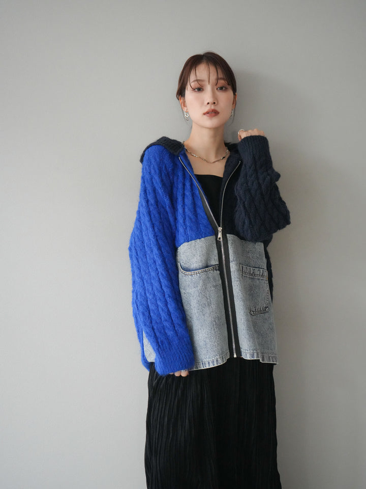 [予約]デニム×バイカラーニットZIPフーディ/blue