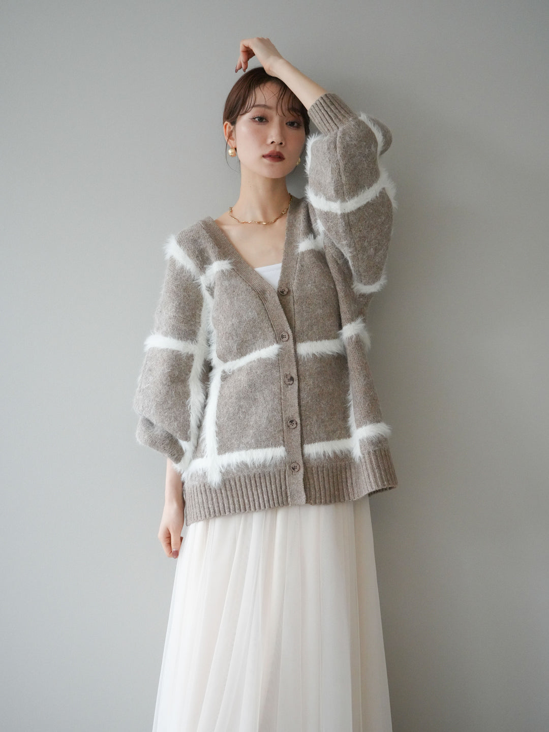 [予約]ミックスシャギーチェックカーディガン/beige
