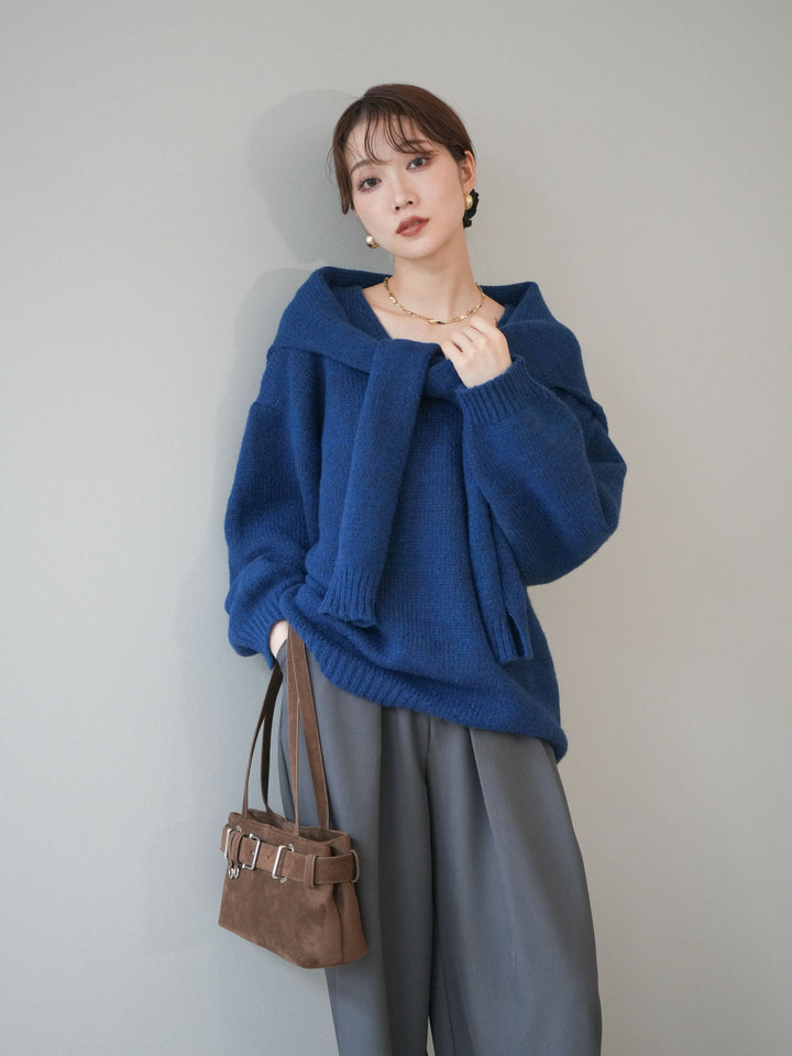 [予約]ストール付きVネックニットプルオーバー/blue