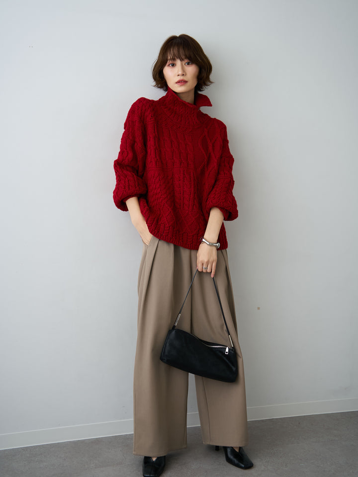 [予約]ネックボタンミックスケーブルニットトップス/red