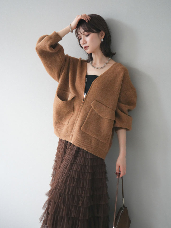 [預訂] 大口袋拉鍊針織開襟衫/駝色