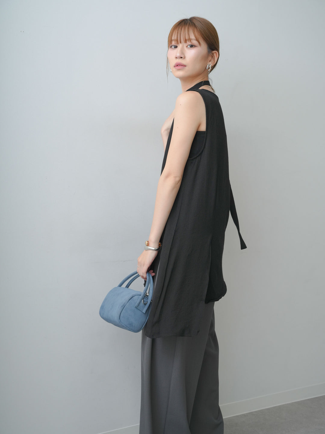 [SET]タイ付アシメヘムノースリトップス+ベルトループデザインワイドパンツ(2set)