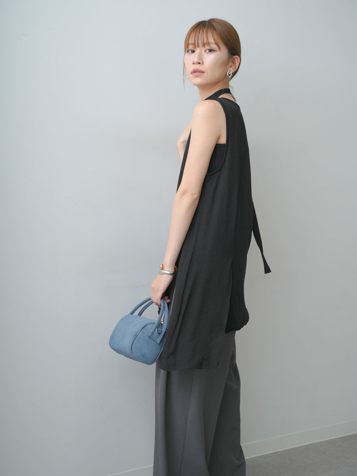 [SET]タイ付アシメヘムノースリトップス+ベルトループデザインワイドパンツ(2set)