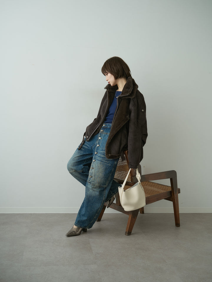 [SET]ファーライナーダブルカラーブルゾン+アシメボタンカーブワイドデニム(2set)