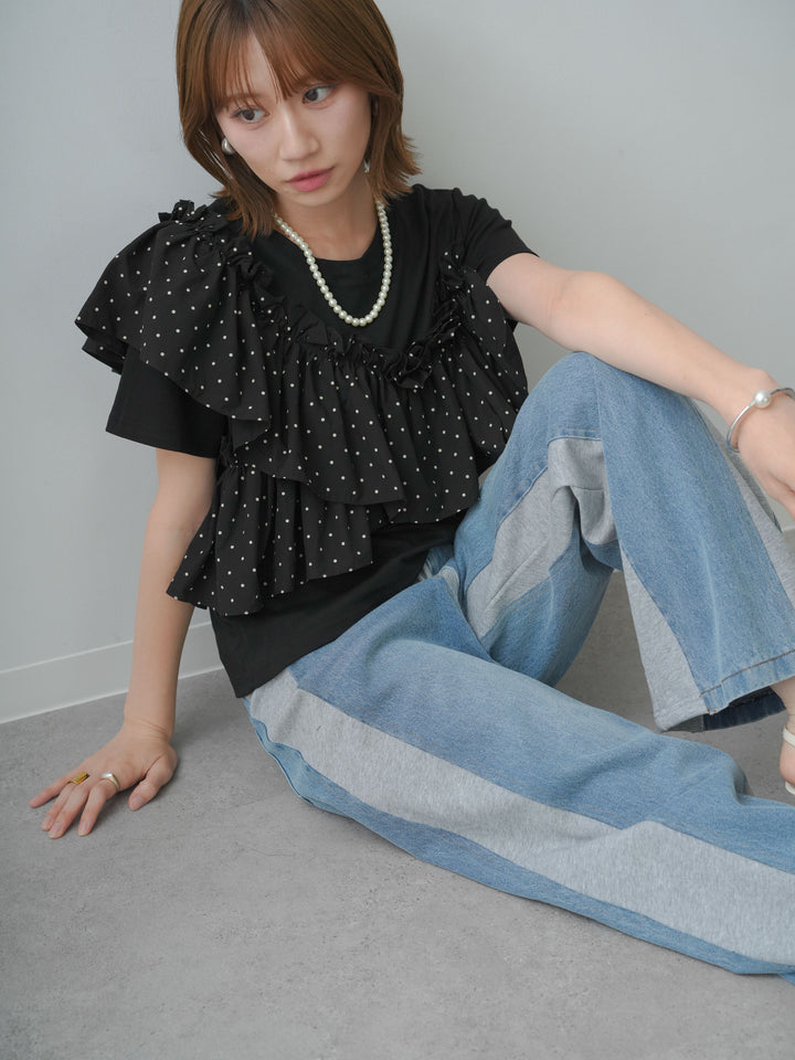[SET]ドットギャザーフリルデザインTEE+デニム切替スウェットパンツ(2set)