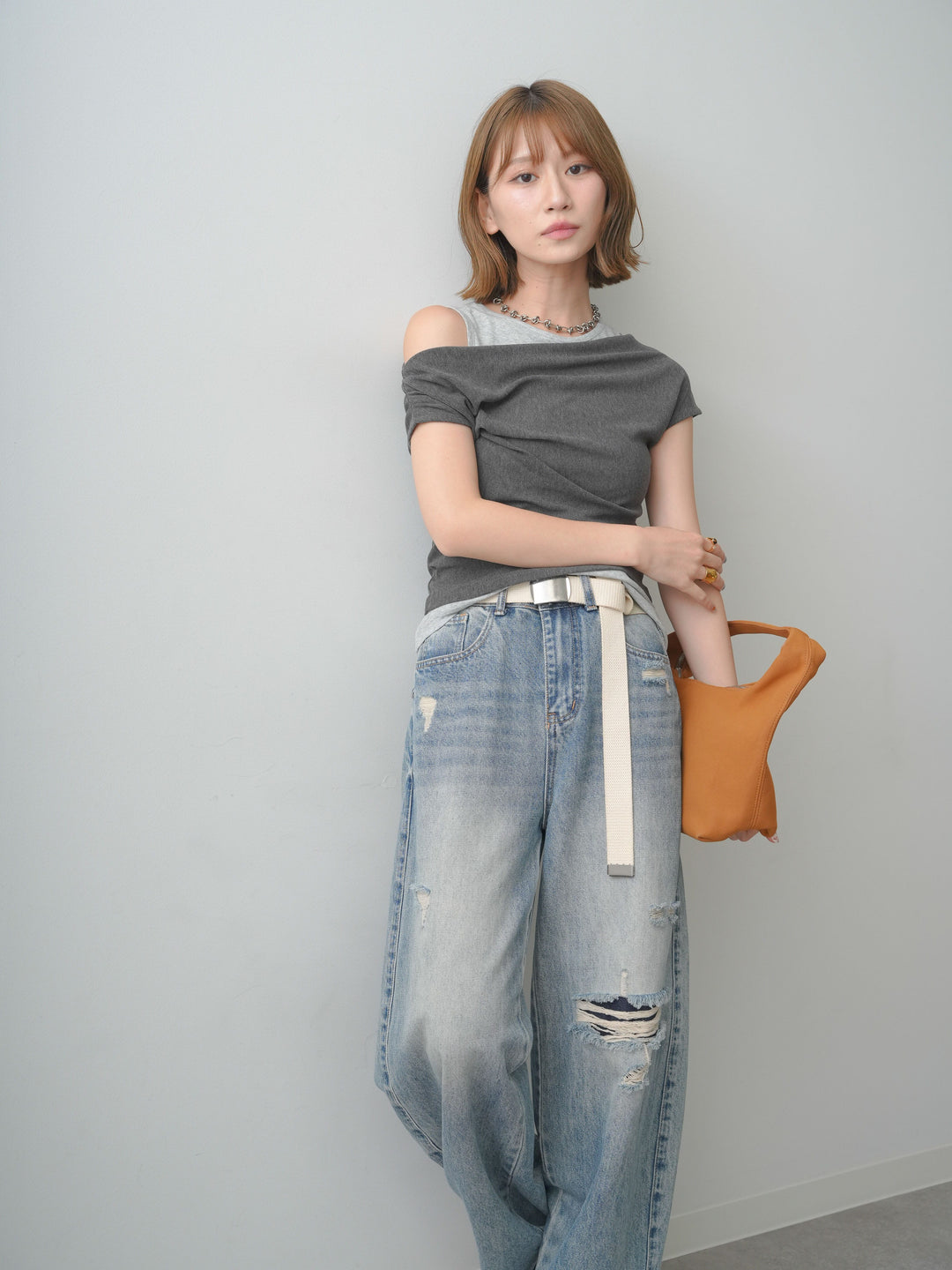 [SET]レイヤードドッキングシアーニットトップス+ダメージデニムセミワイドパンツ(2set)