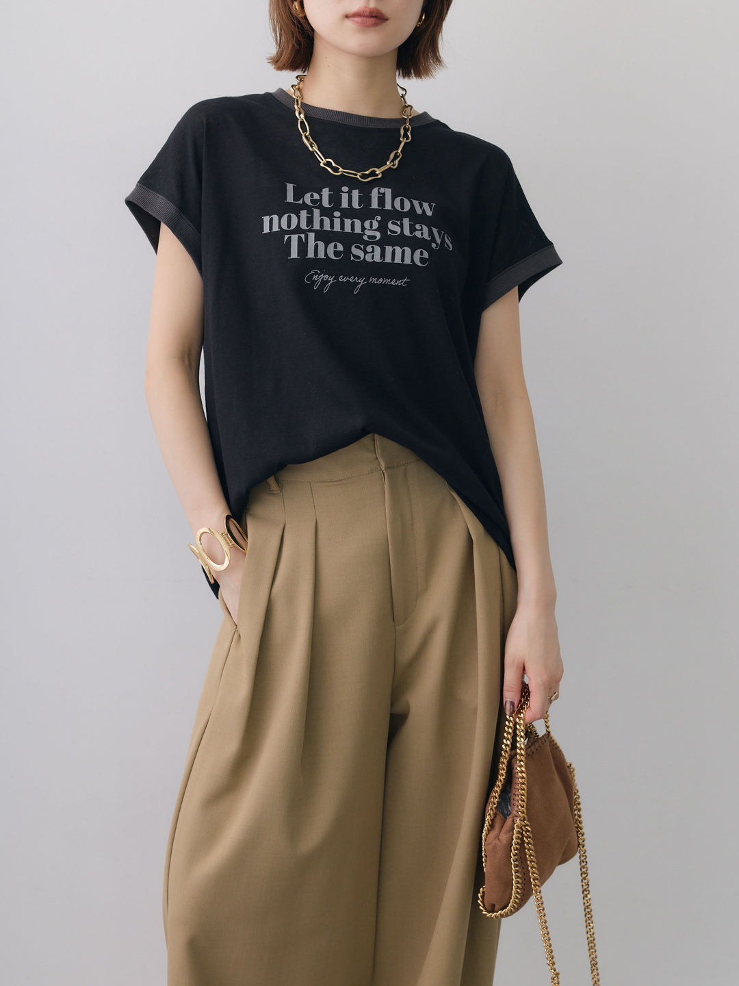 [SET]シアースラブバイカラーフレンチTEE+クレープデシンタックワイドパンツ(2set)