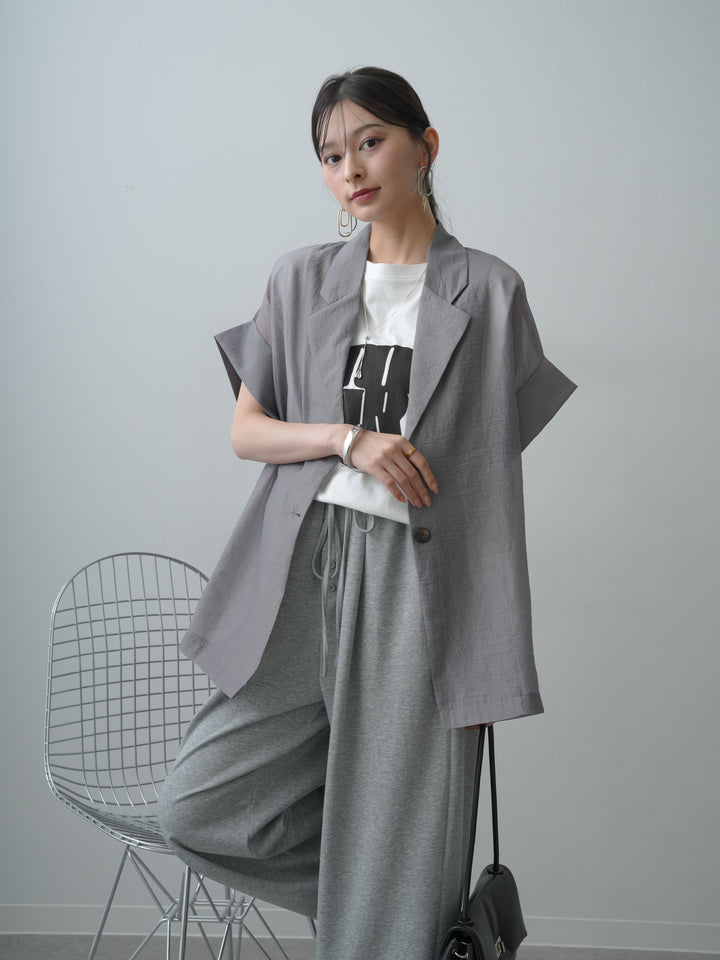 [SET]シアーオーバー半袖ジャケット+ショルダータックノースリーブオーバーTEE(2set)