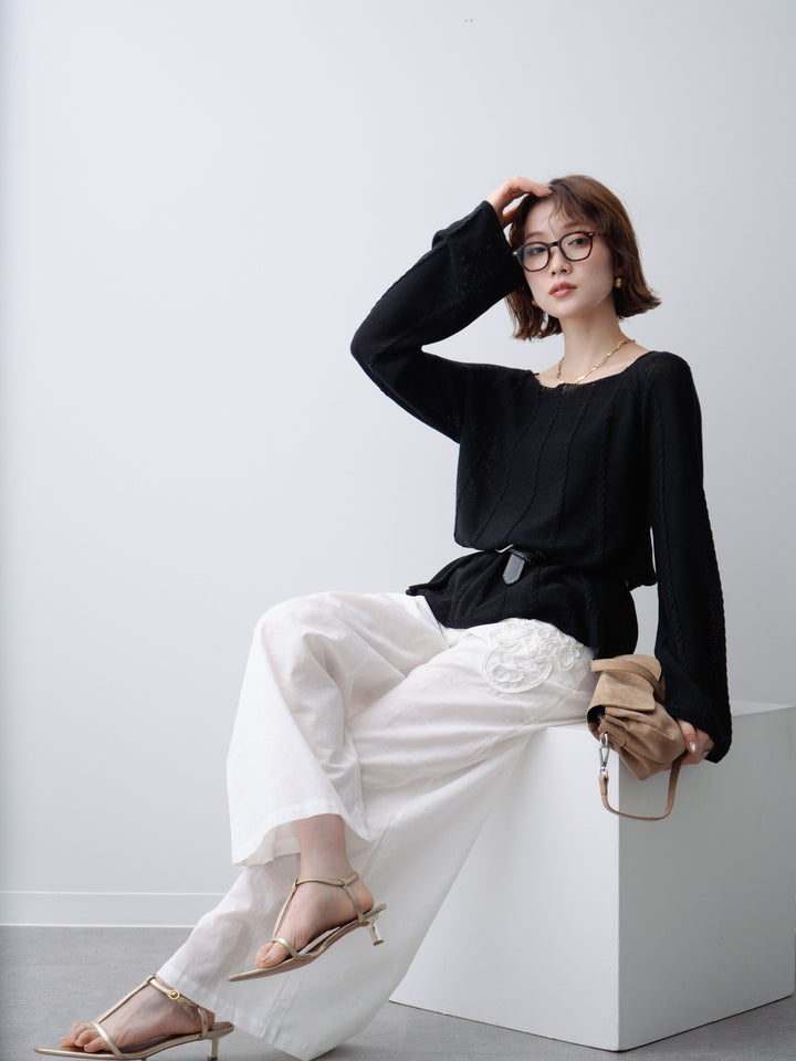 [予約]ベルト付ケーブルデザインニットトップス/black