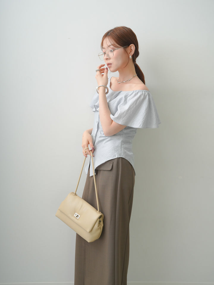 [SET]ラッフルオフショルブラウス+クレープデシンフラップ付きストレートスカート(2set)
