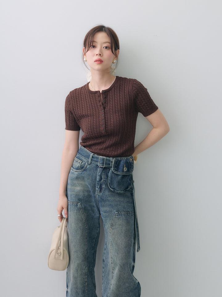 [予約]ヘンリーケーブルハーフニットトップス/brown