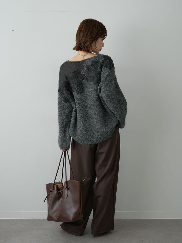 [SET]ショルダーシアーレースニットトップス+ツイルタックワイドパンツ(2set)