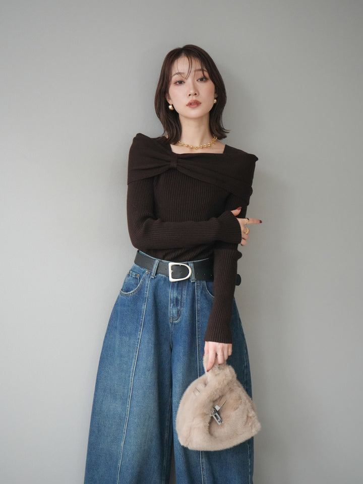 [予約]リボンモチーフオフショルリブニットトップス/brown