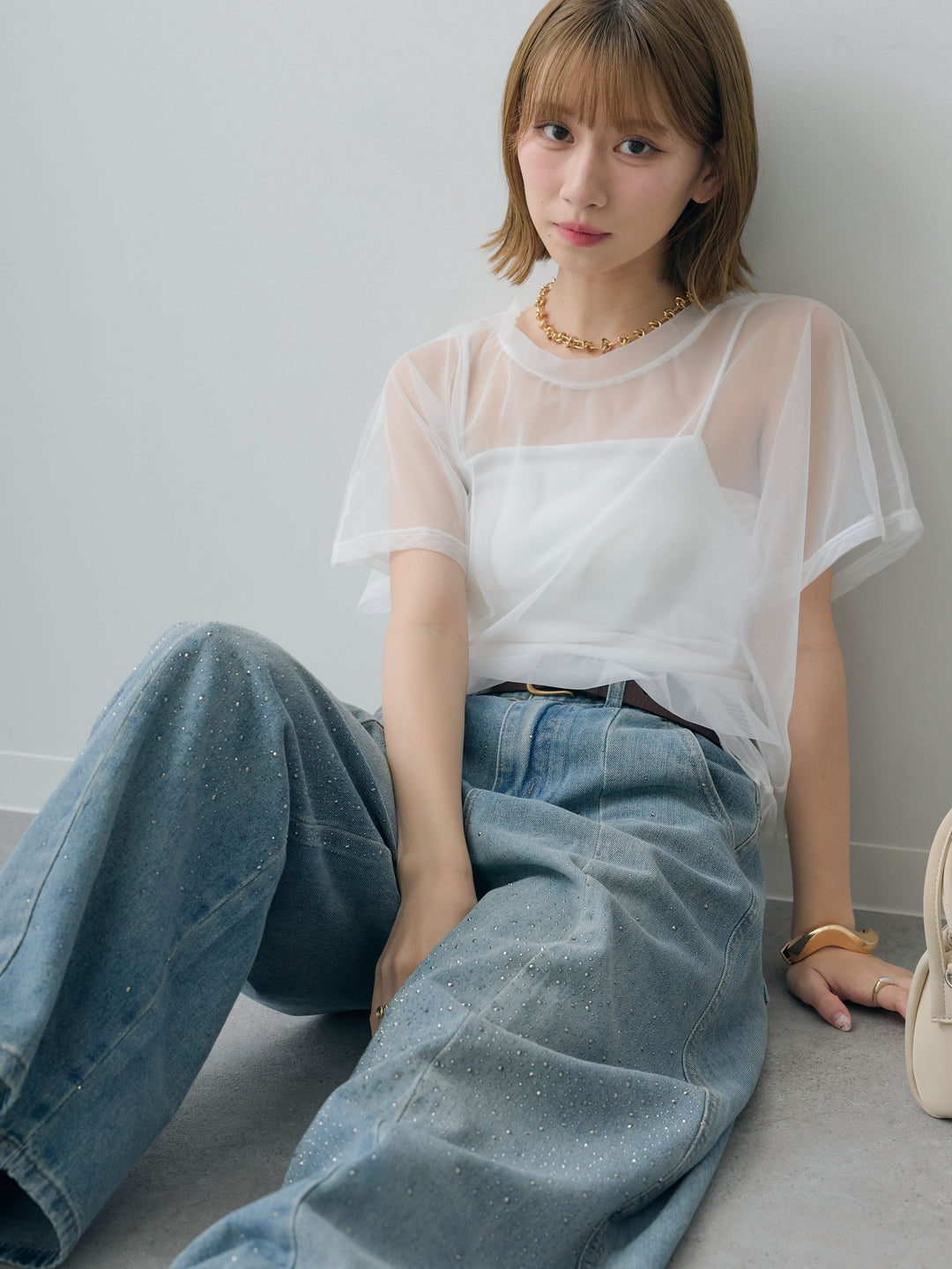 [SET]インナーキャミ付シアーオーバーTEE+フロントビジューカーブデニムパンツ(2set)