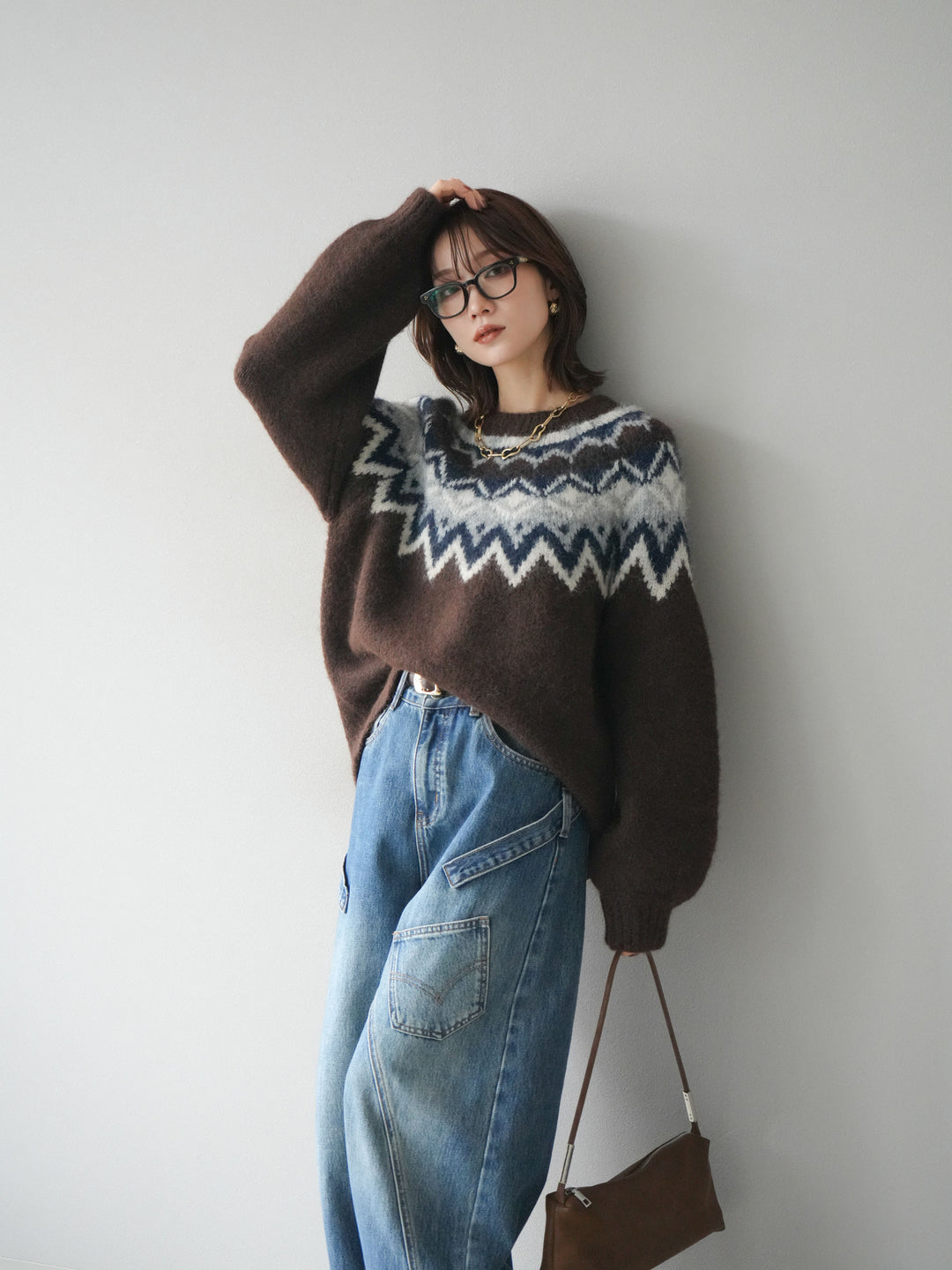 [SET]求心柄オーバーニットプルオーバー+ペインターカーブデニムパンツ(2set)