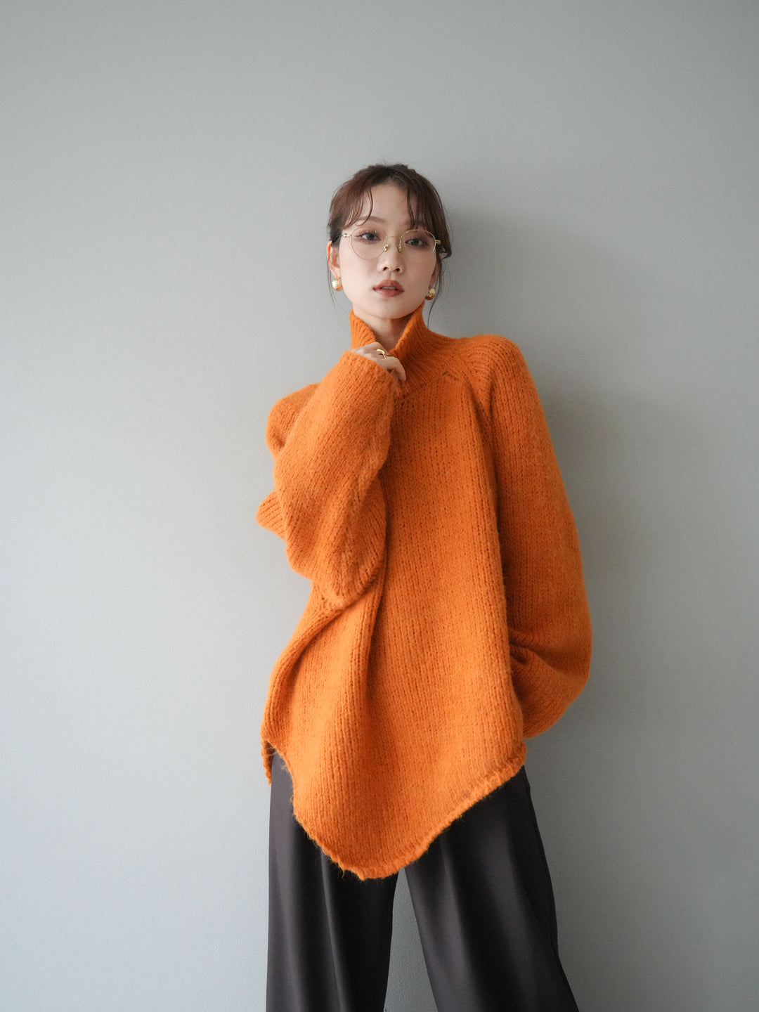 [予約]アシンメトリーハイネックニットプルオーバー/orange