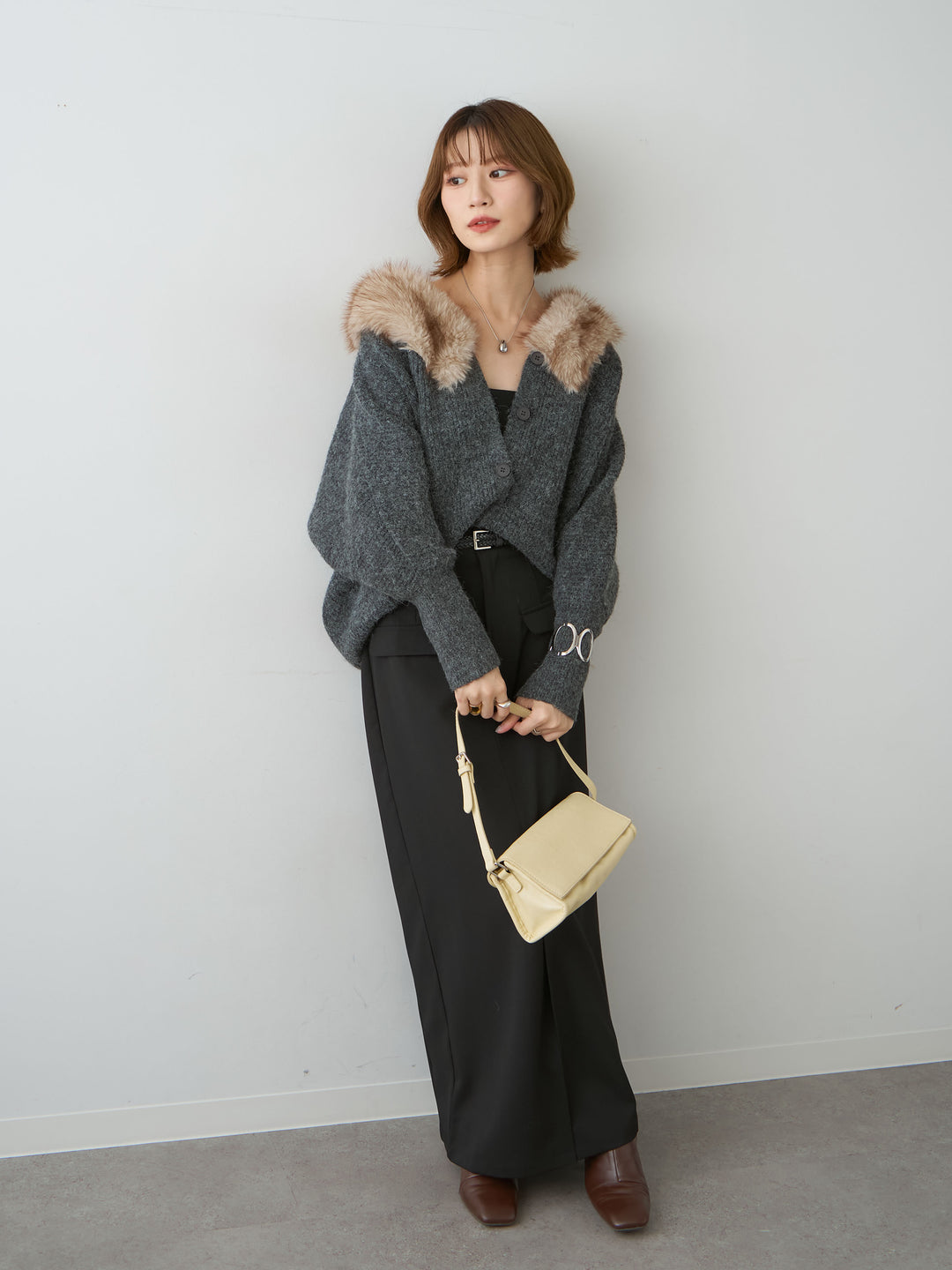[SET]ファーカラードルマンリブニットカーディガン+クレープデシンフラップ付きストレートスカート(2set)