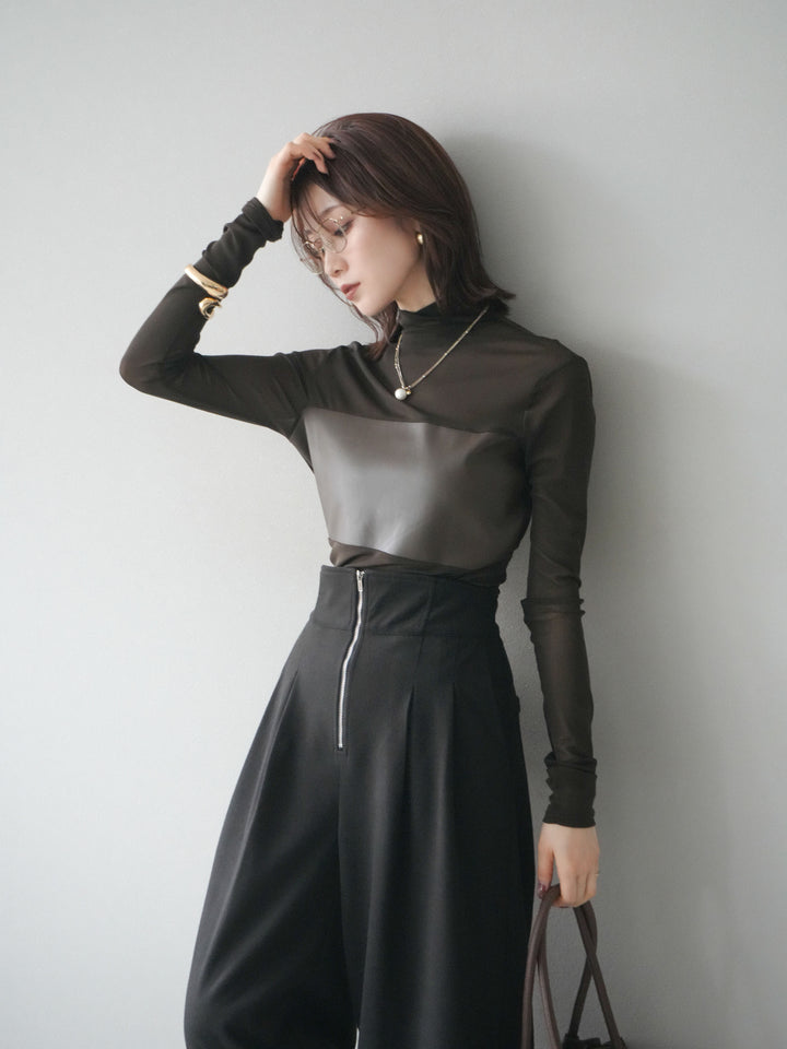 [予約]レザー切替プチネックシアートップス/khaki