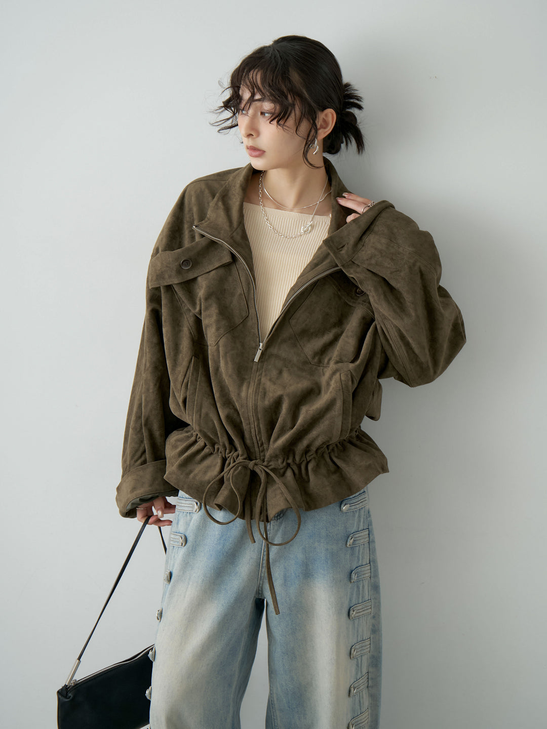 [SET]スウェードタッチチェストポケットデザインジャケット+ナポレオンライトウォッシュワイドデニム(2set)