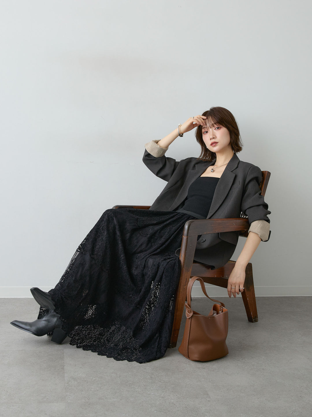 [予約]バイカラーカフステイラードジャケット/charcoal