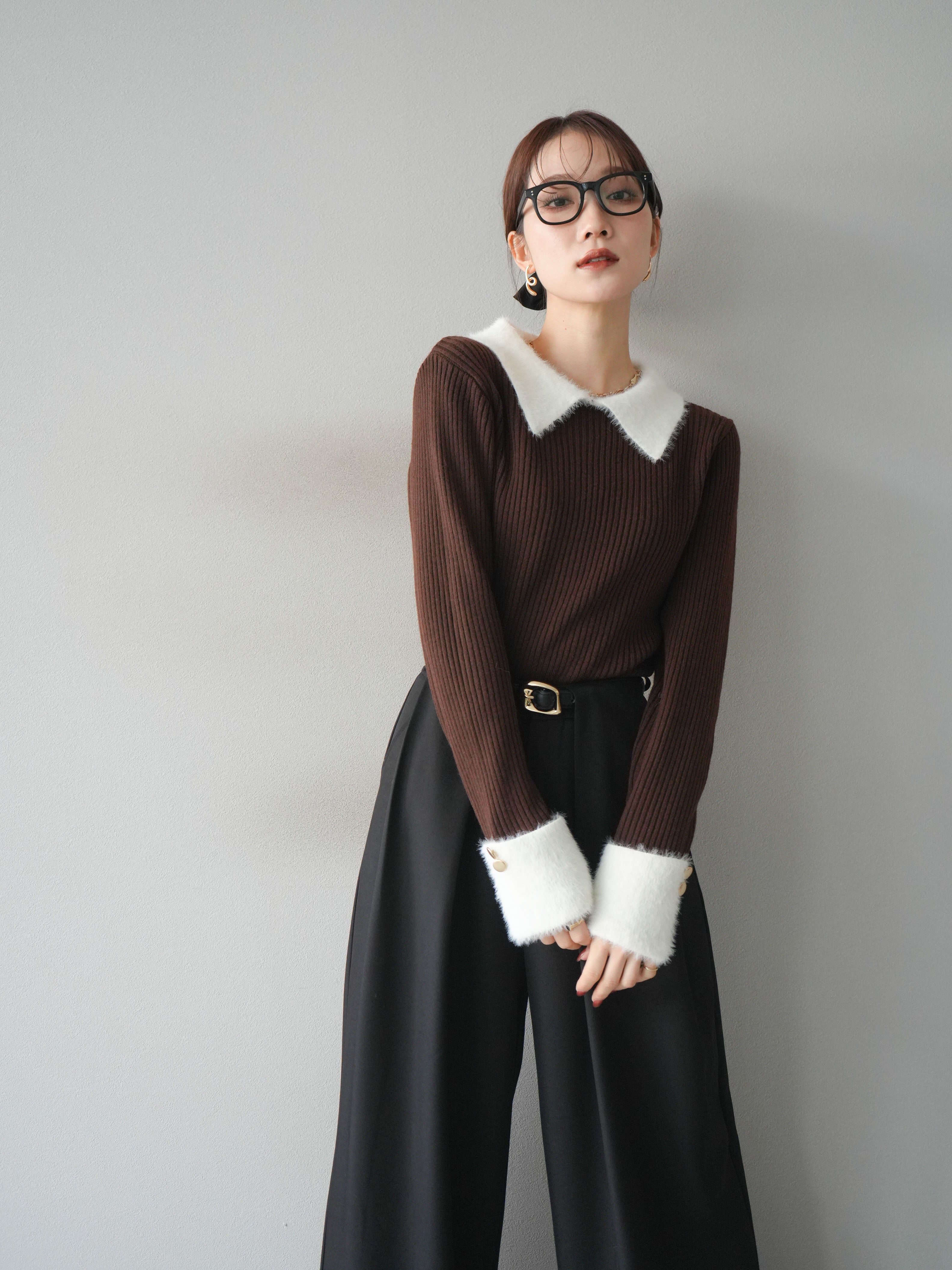 SET]シャギー襟リブニットトップス+ベルトループデザインワイドパンツ