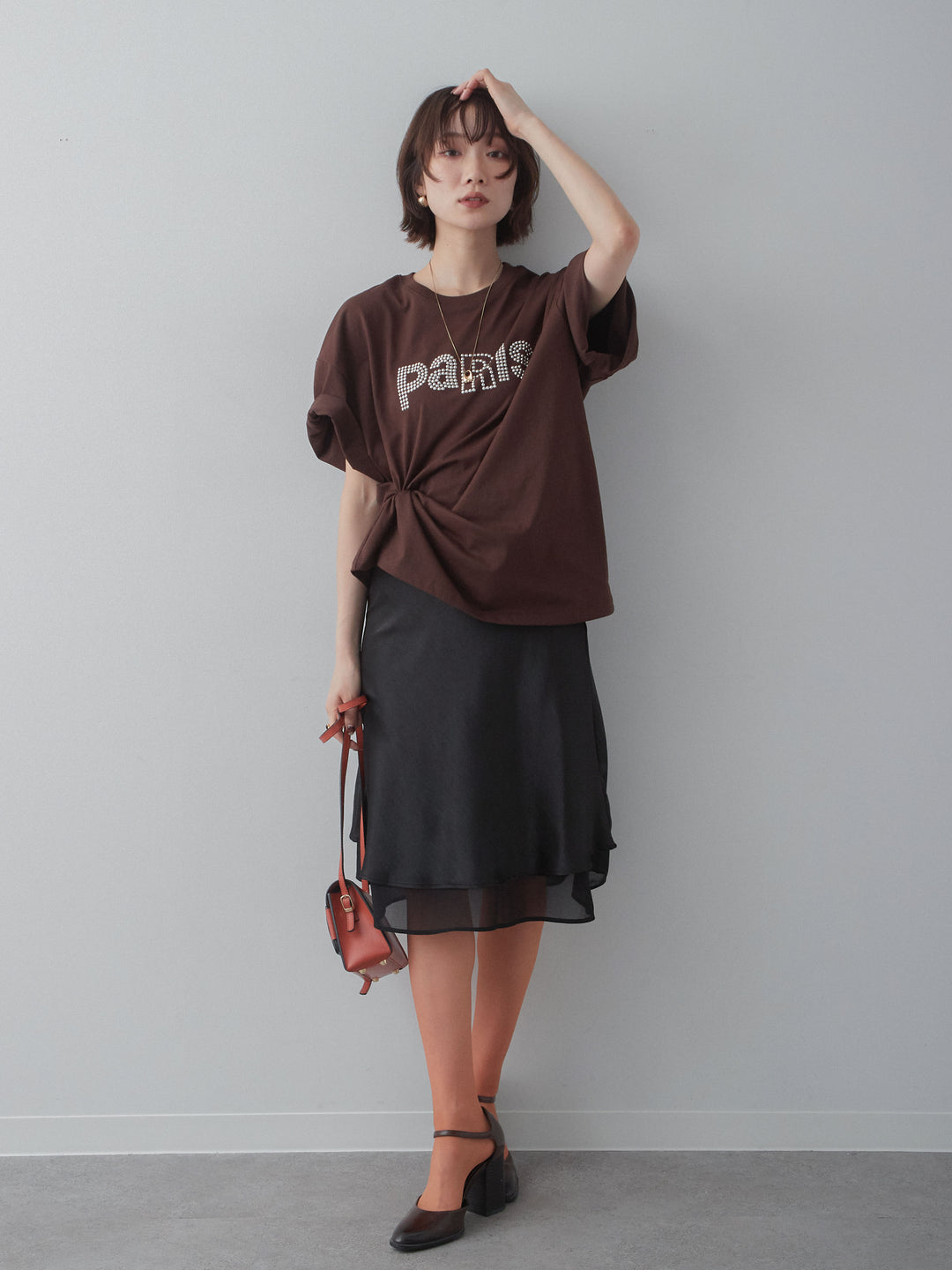 [SET]スタッズロゴTEE+サテンシフォンレイヤードスカート(2set)