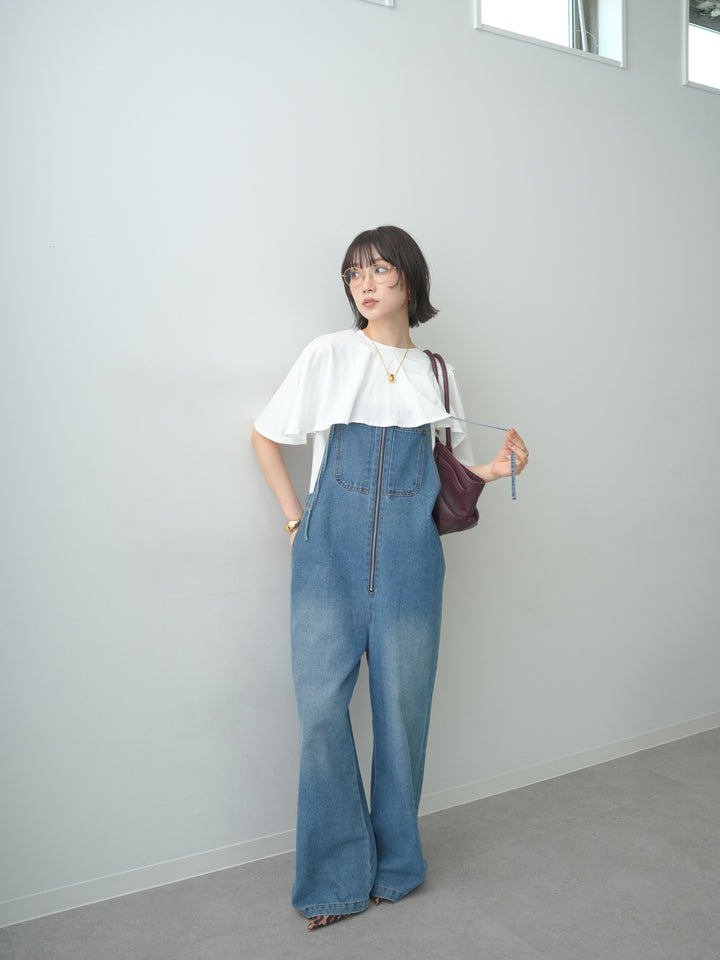 [SET]前後2wayケープTEE+フロントジップデニムサロペット(2set)