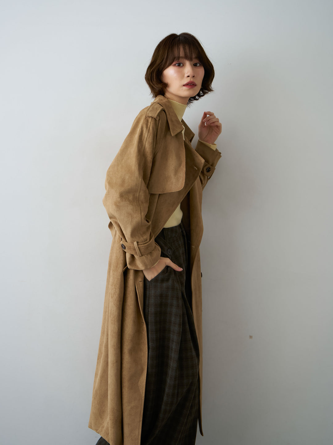 [SET]スウェードタッチロングトレンチコート+リブモックネックニットトップス(2set)