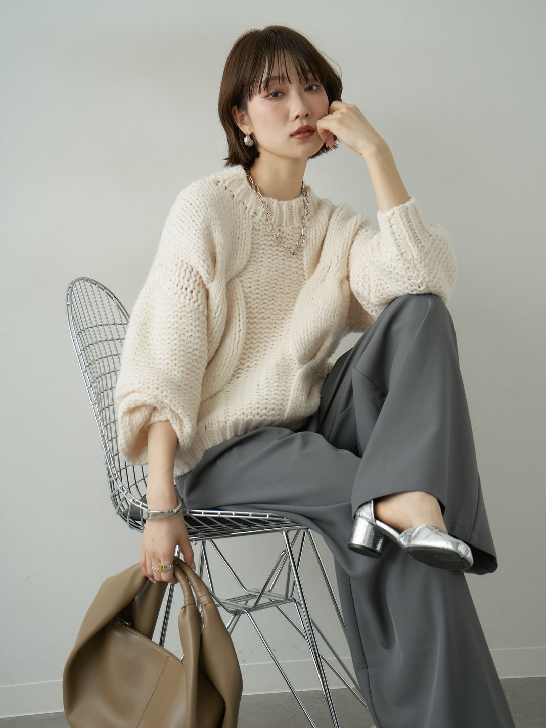 [予約]チャンキーケーブルニットトップス/ivory