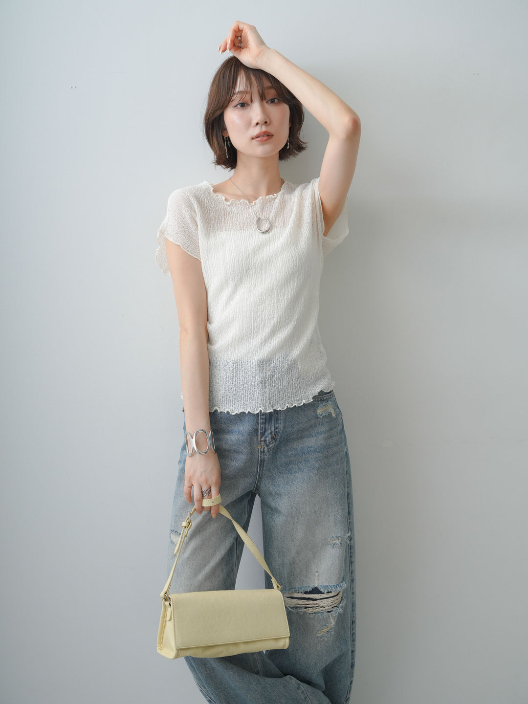 [SET]シャーリングシアーバックオープンフレンチトップス+選べるアクセセット(2set)