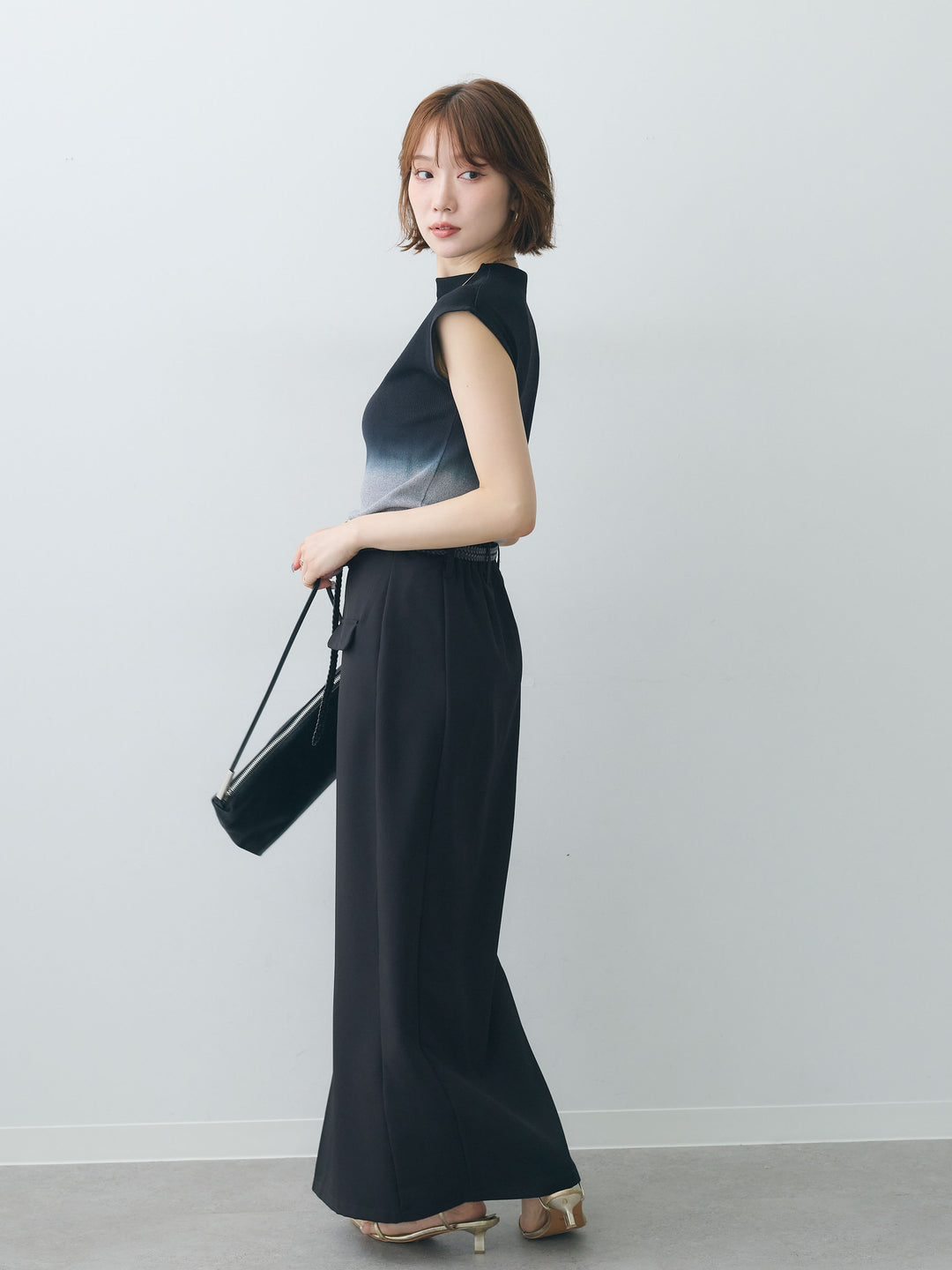 [SET]グラデーションフレンチリブニットトップス+クレープデシンフラップ付きストレートスカート(2set)
