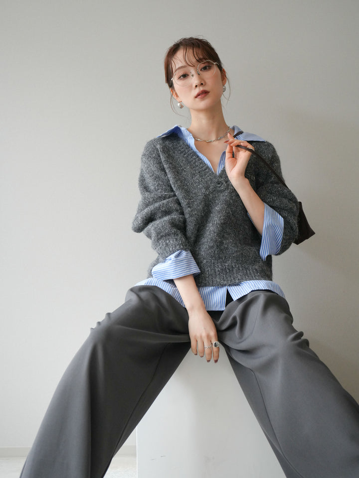 [予約]ストライプシャツドッキングMIXヤーンニットプルオーバー/charcoal