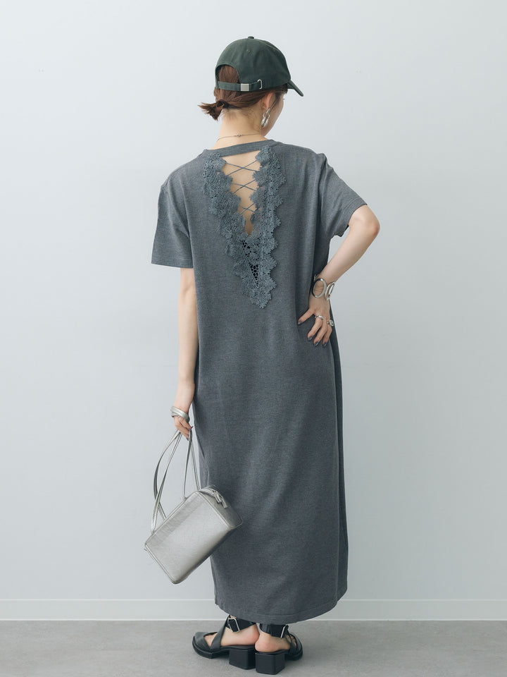 [予約]バックレースストレッチTEEワンピース/charcoal