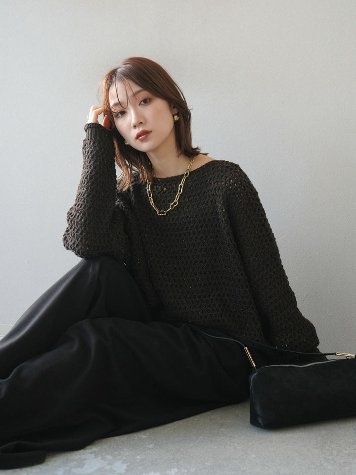 [予約]ネップ透かし編みオーバーニット/brown