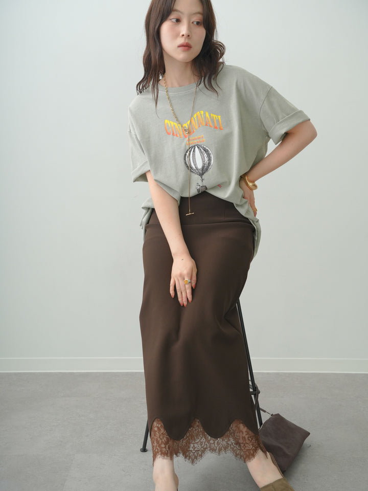 [SET]ヴィンテージライクプリントオーバーTEE+レースヘムストレッチIラインスカート(2set)
