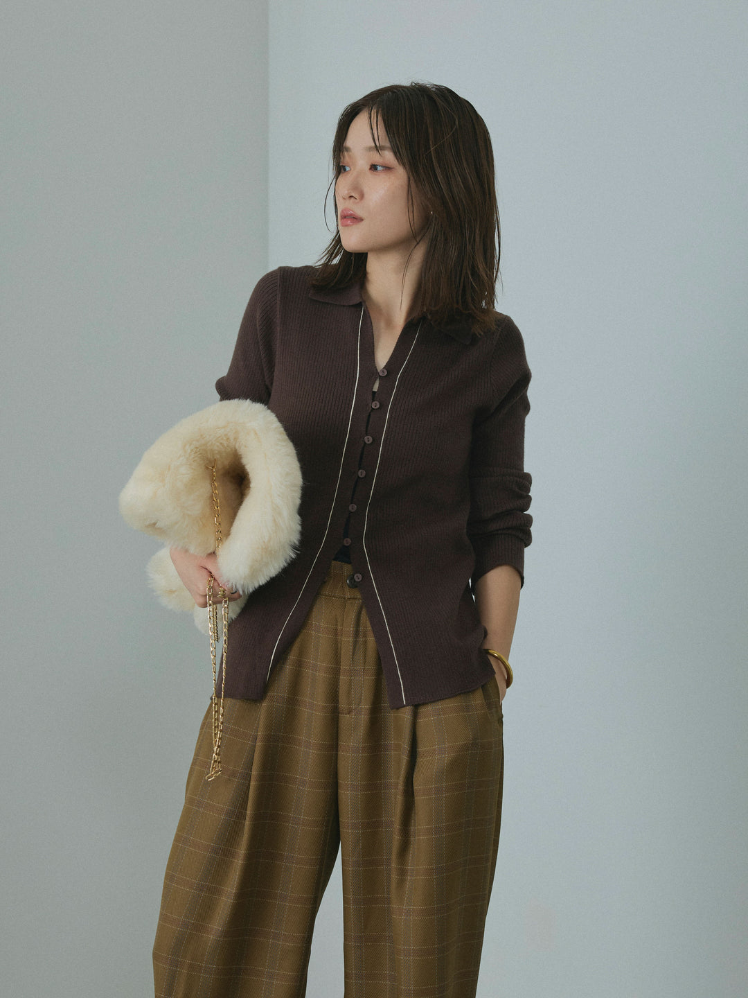 [予約]リブ配色ラインポロニットカーディガン/brown