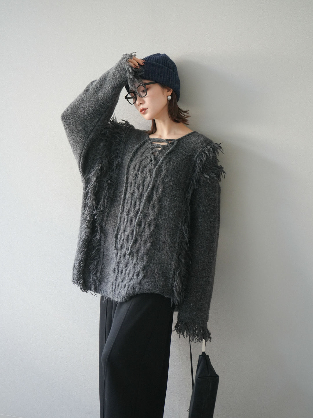 [予約]レースアップフリンジニットプルオーバー/gray