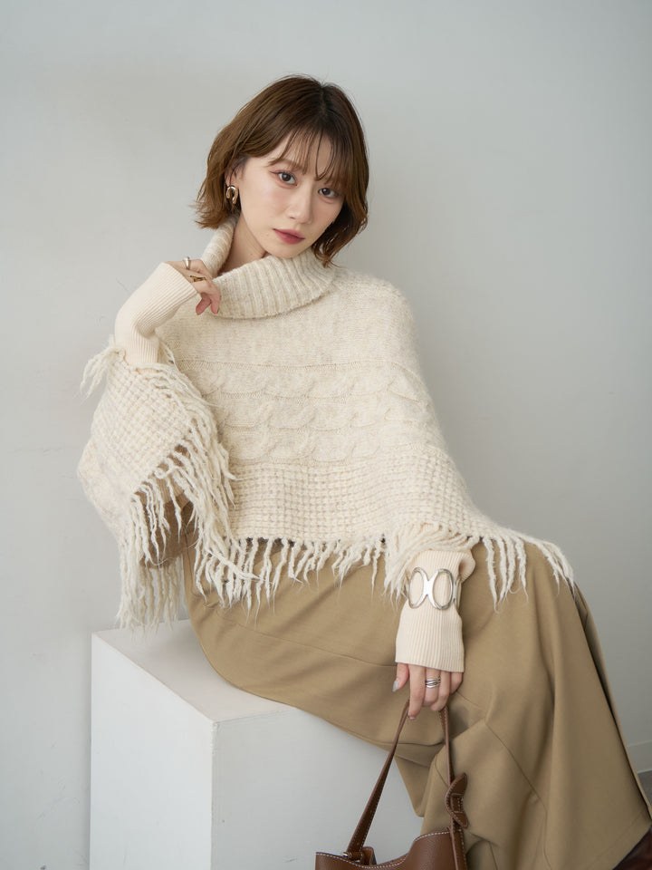 [SET]フリンジケーブルニットケープ+クレープデシンフラップ付きストレートスカート(2set)