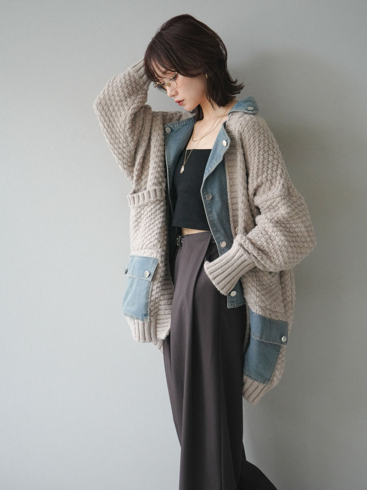 [SET]デニム襟レイヤードニットジャケット+ベルトループデザインワイドパンツ(2set)