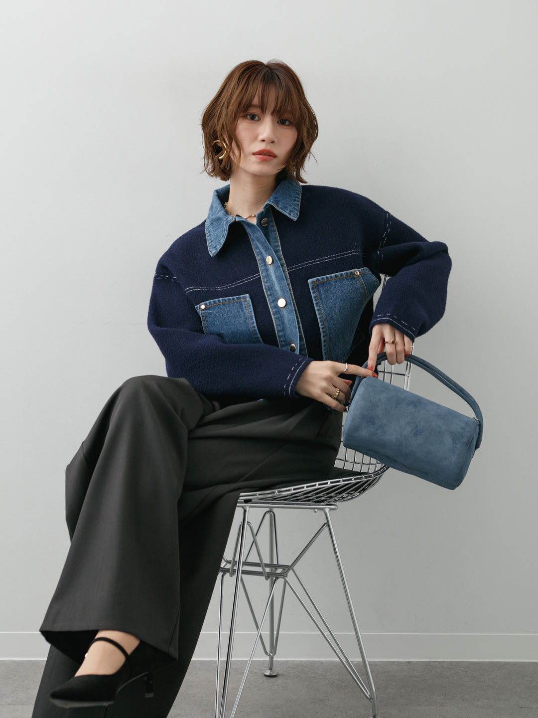 [予約]デニムコンビスムースニットジャケット/navy