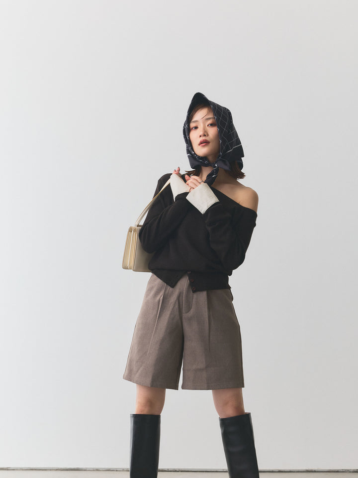 【Allure】[SET]シャツカフスフロントスリットニットプルオーバー+ノーカラーステッチデザインジャケット(2set)