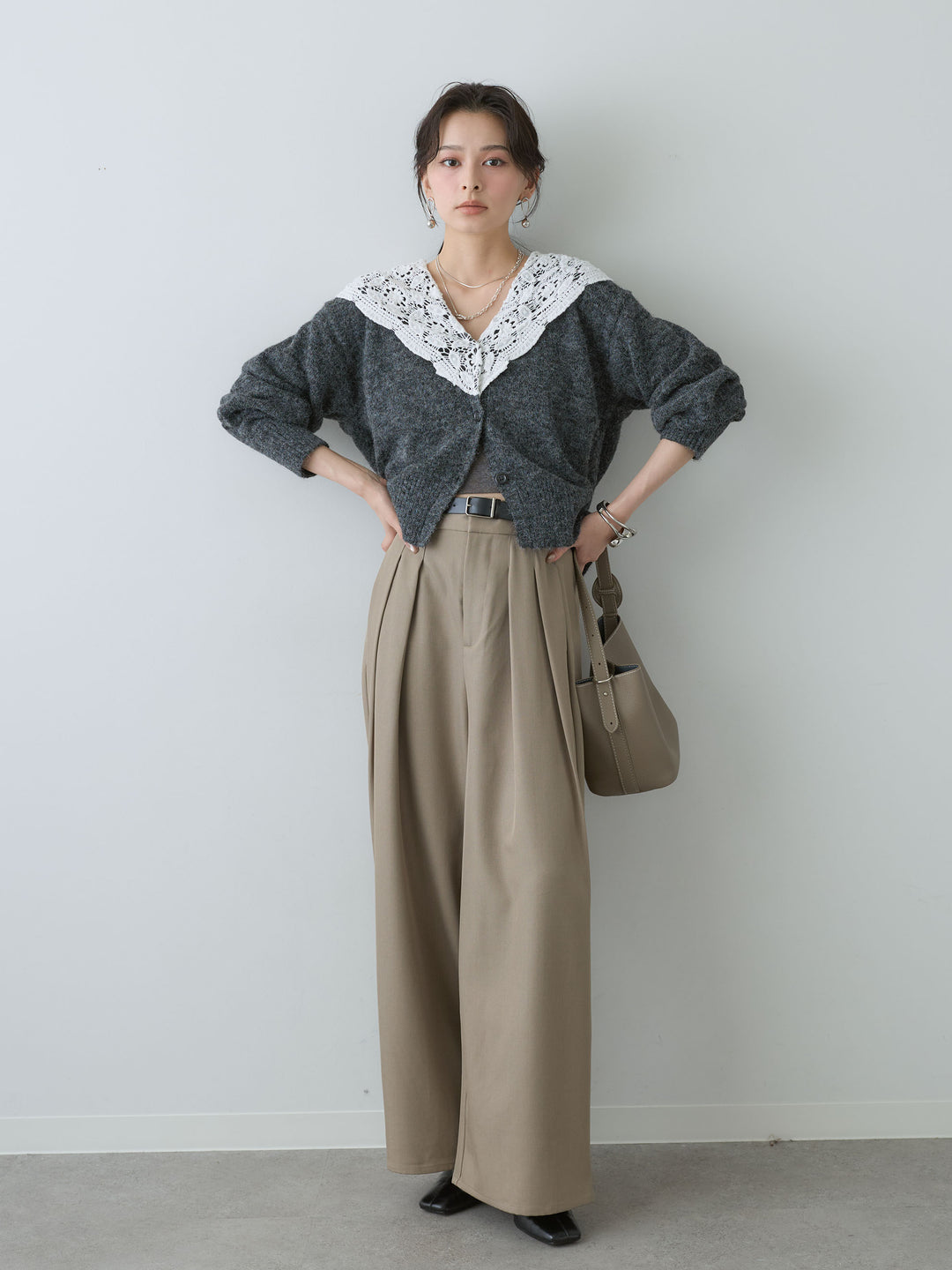 [SET]モヘアレースショールカラーカーディガン+ツイルタックワイドパンツ(2set)