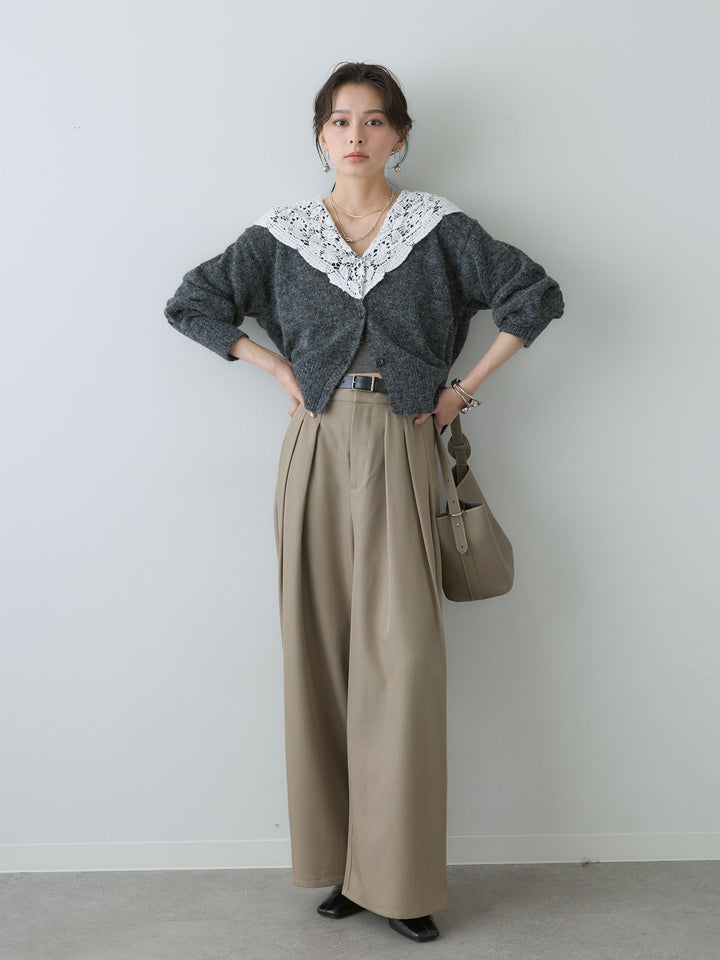 [SET]モヘアレースショールカラーカーディガン+ツイルタックワイドパンツ(2set)