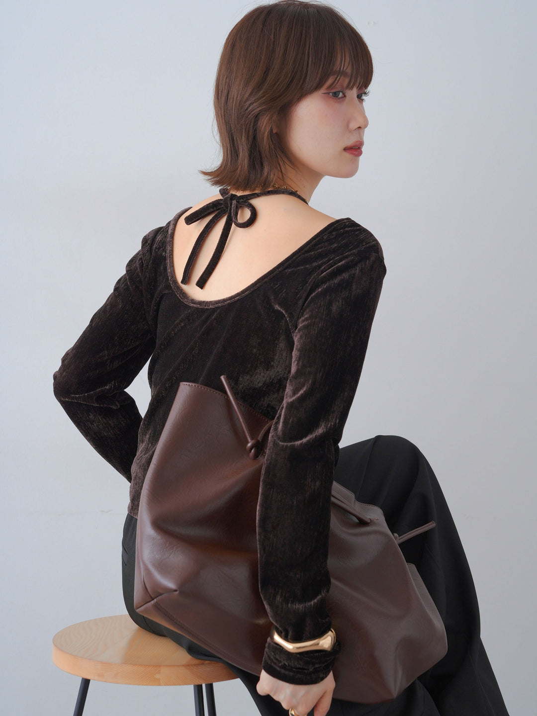 [予約]ベロアレイヤードデザイントップス/brown