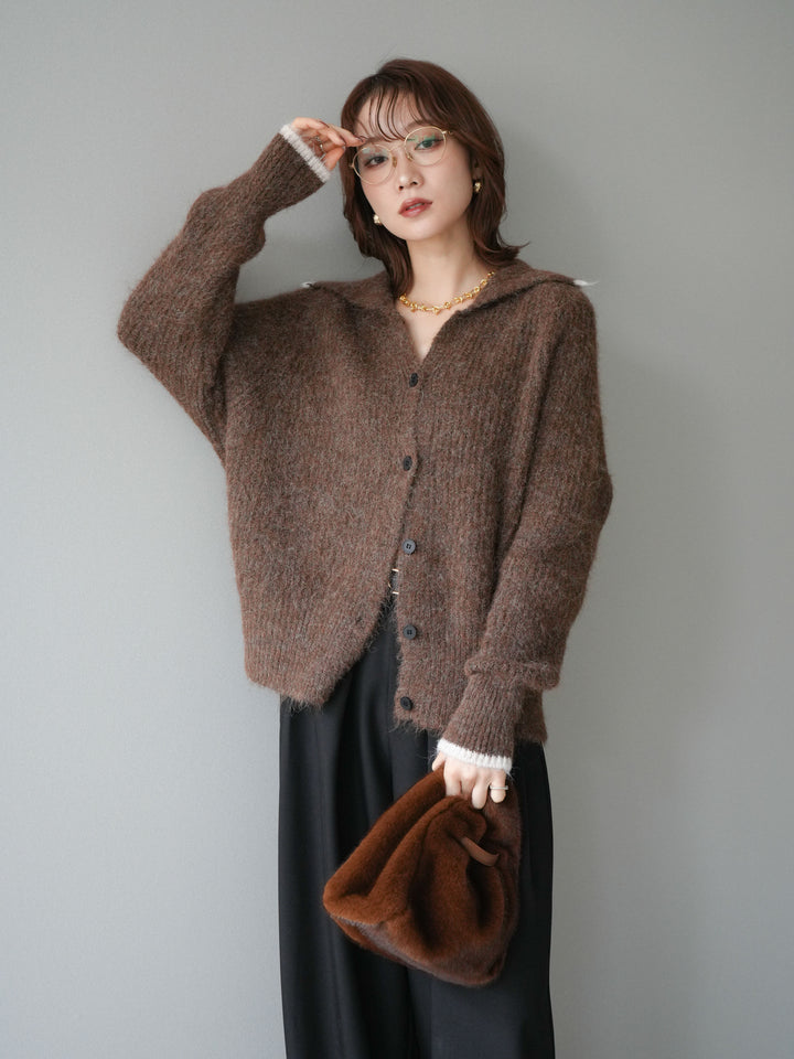 [予約]襟付きバイカラーミックスニットカーディガン/brown