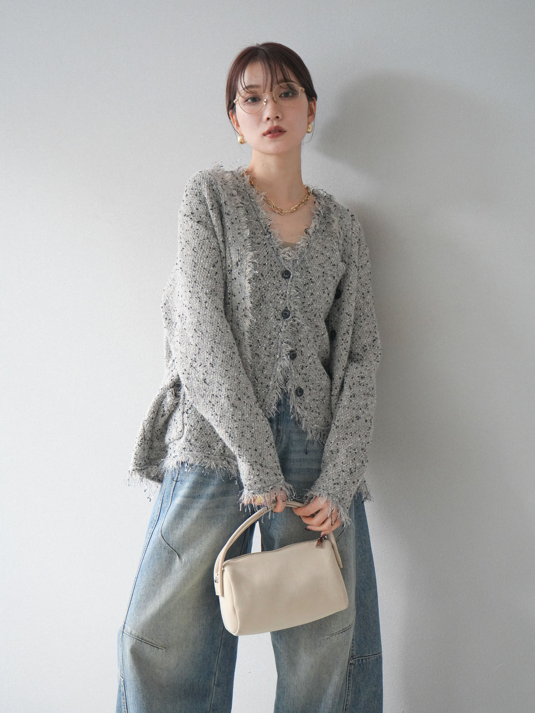 [予約]ネップフリンジニットカーディガン/khaki