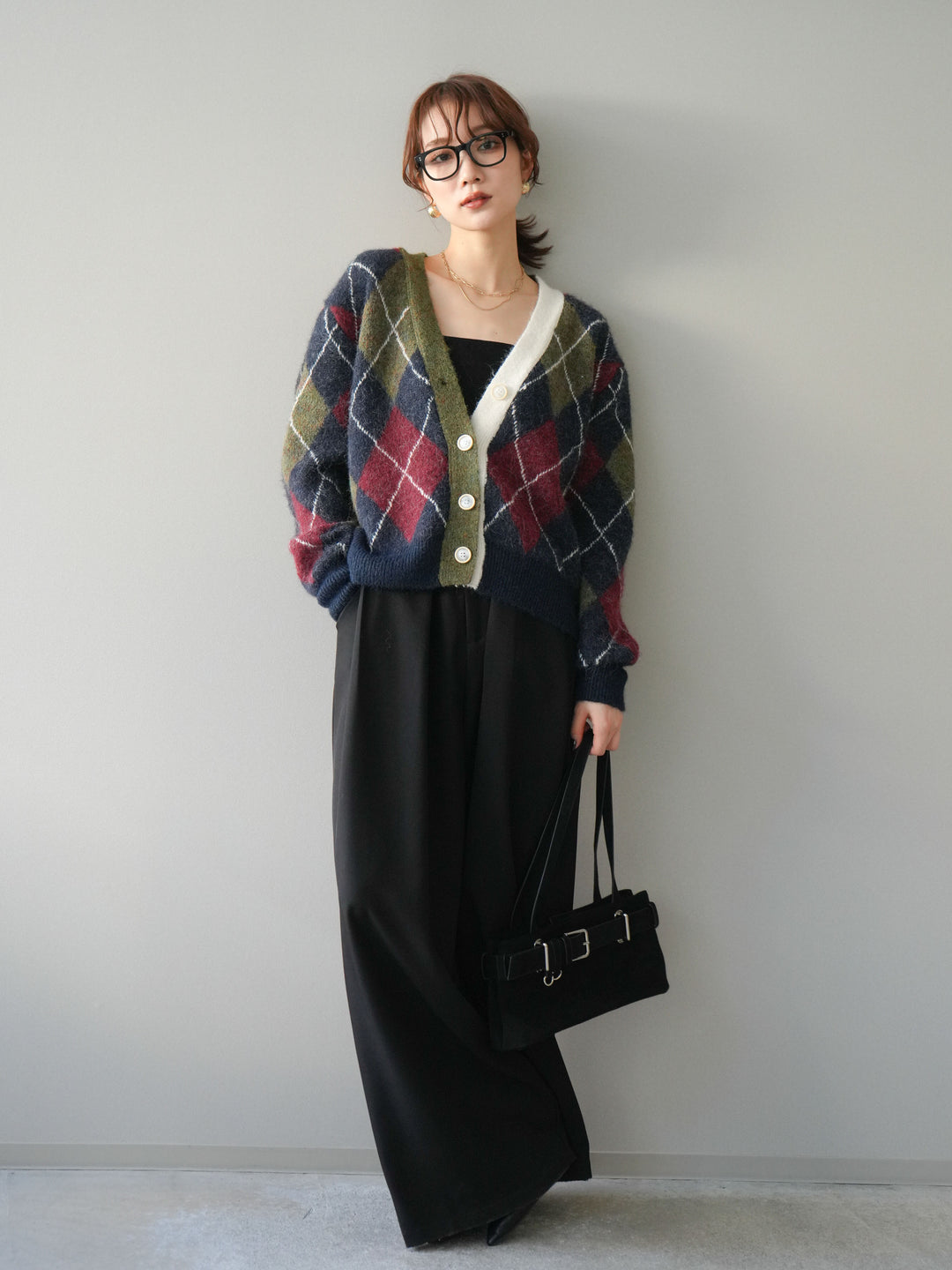 [予約]配色アーガイル柄ニットカーディガン/green
