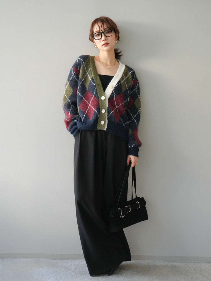 [予約]配色アーガイル柄ニットカーディガン/green