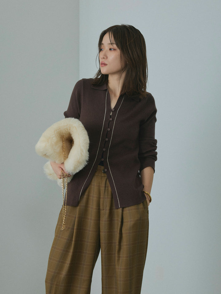 【Allure】[SET]リブ配色ラインポロニットカーディガン+リブ配色ラインポロニットカーディガン(2set)