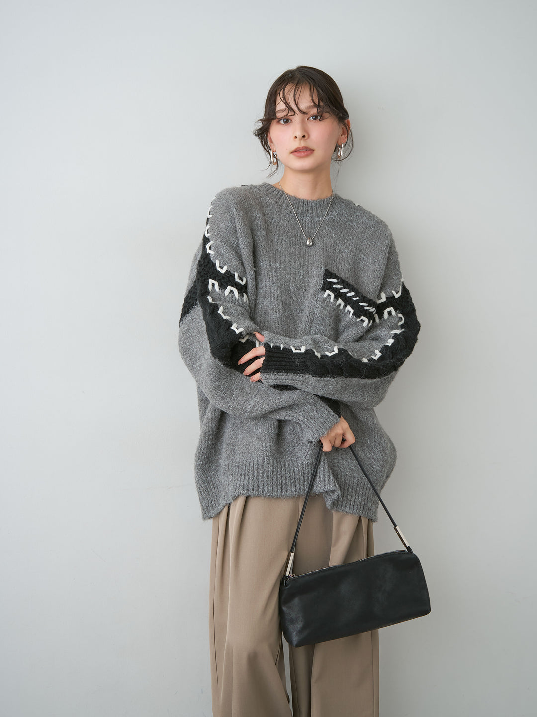 [SET]ハンドステッチデザインニットトップス+ツイルタックワイドパンツ(2set)